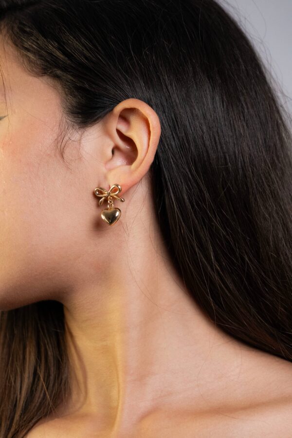 Boucles d'oreilles femme Bow heart earrings plaquées or 18 carats en acier inoxydable - Lumine Jewelry Maroc - Image 2