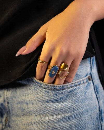 Bague femme Lapis stone ring plaquée or 18 carats en acier inoxydable - Lumine Jewelry Maroc - Image 2