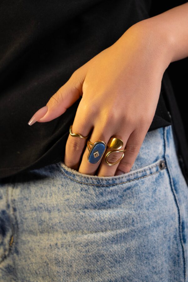 Bague femme Lapis stone ring plaquée or 18 carats en acier inoxydable - Lumine Jewelry Maroc - Image 2